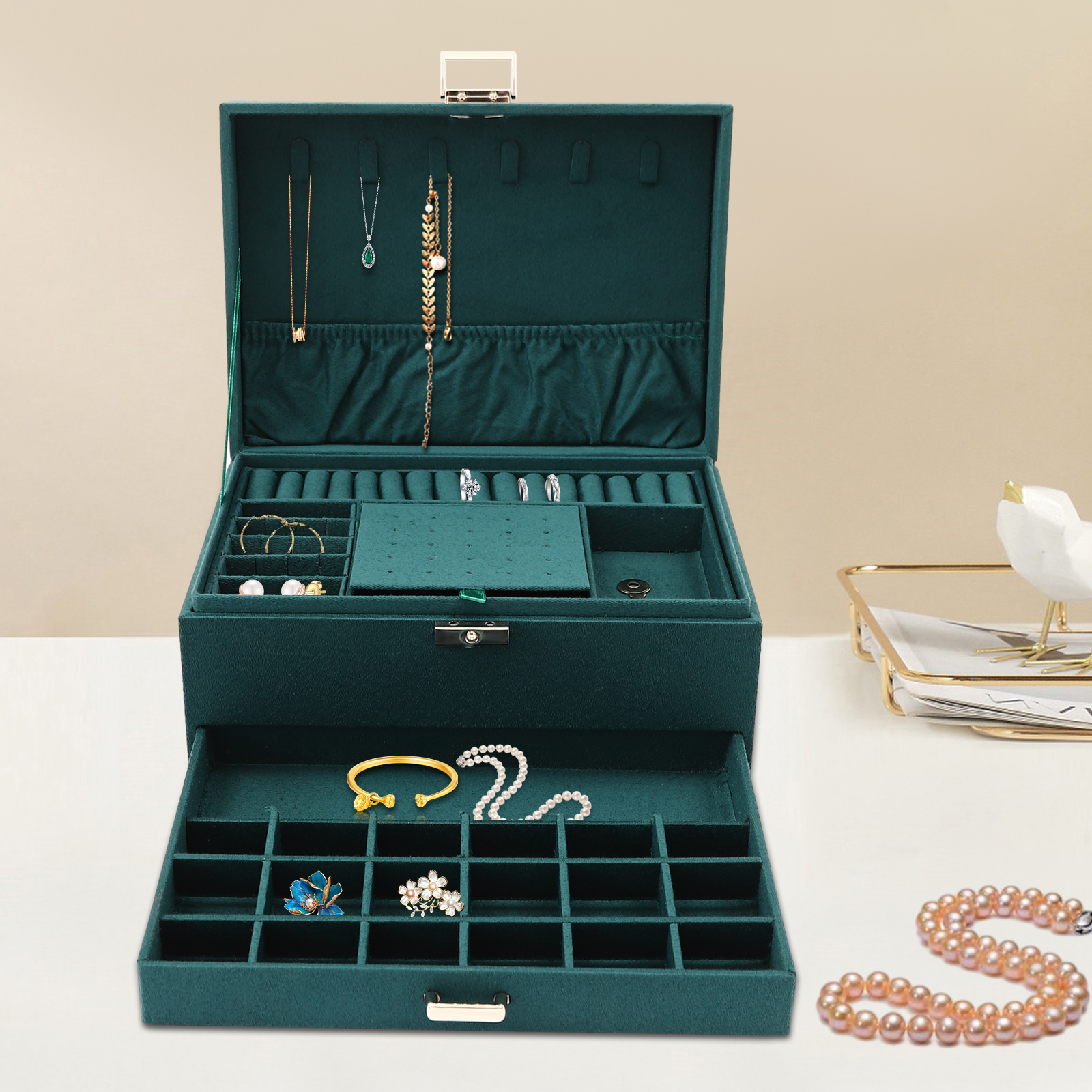 3-Tier Dark Green Jewelry Box  - Drawer Organizer Peg 评论和价格