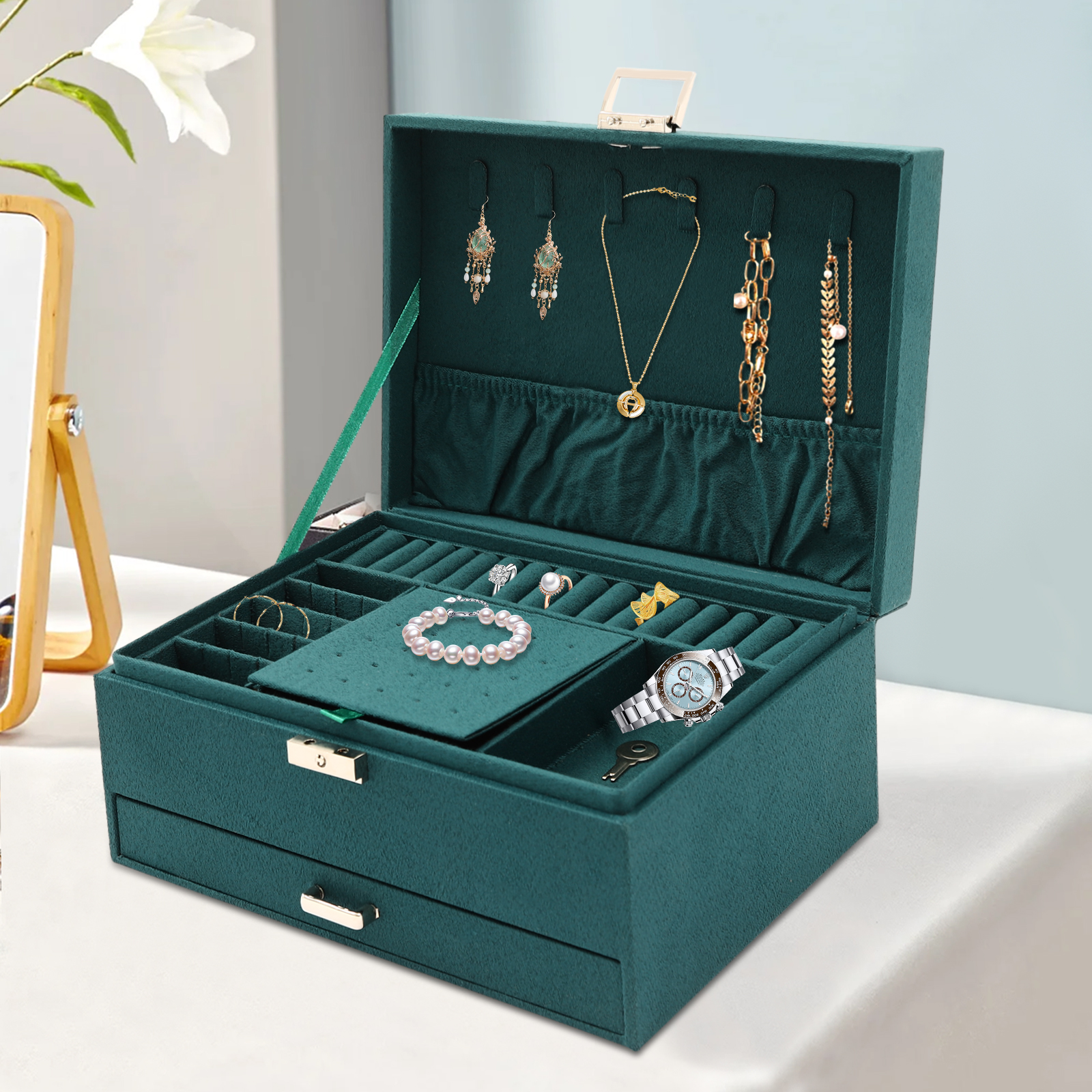 3-Tier Dark Green Jewelry Box  - Drawer Organizer Peg 评论和价格