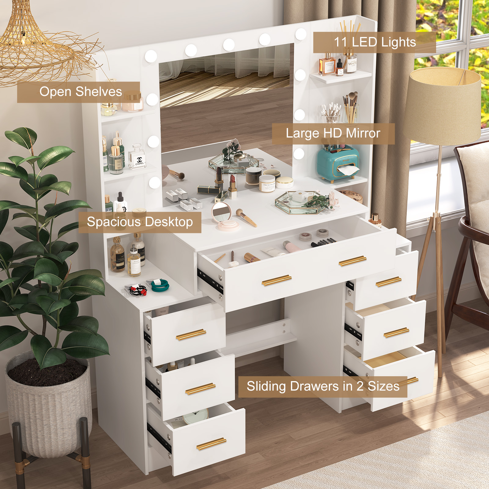 NEW White Modern Vanity Set wi - Drawer Pull Gold 评论和价格