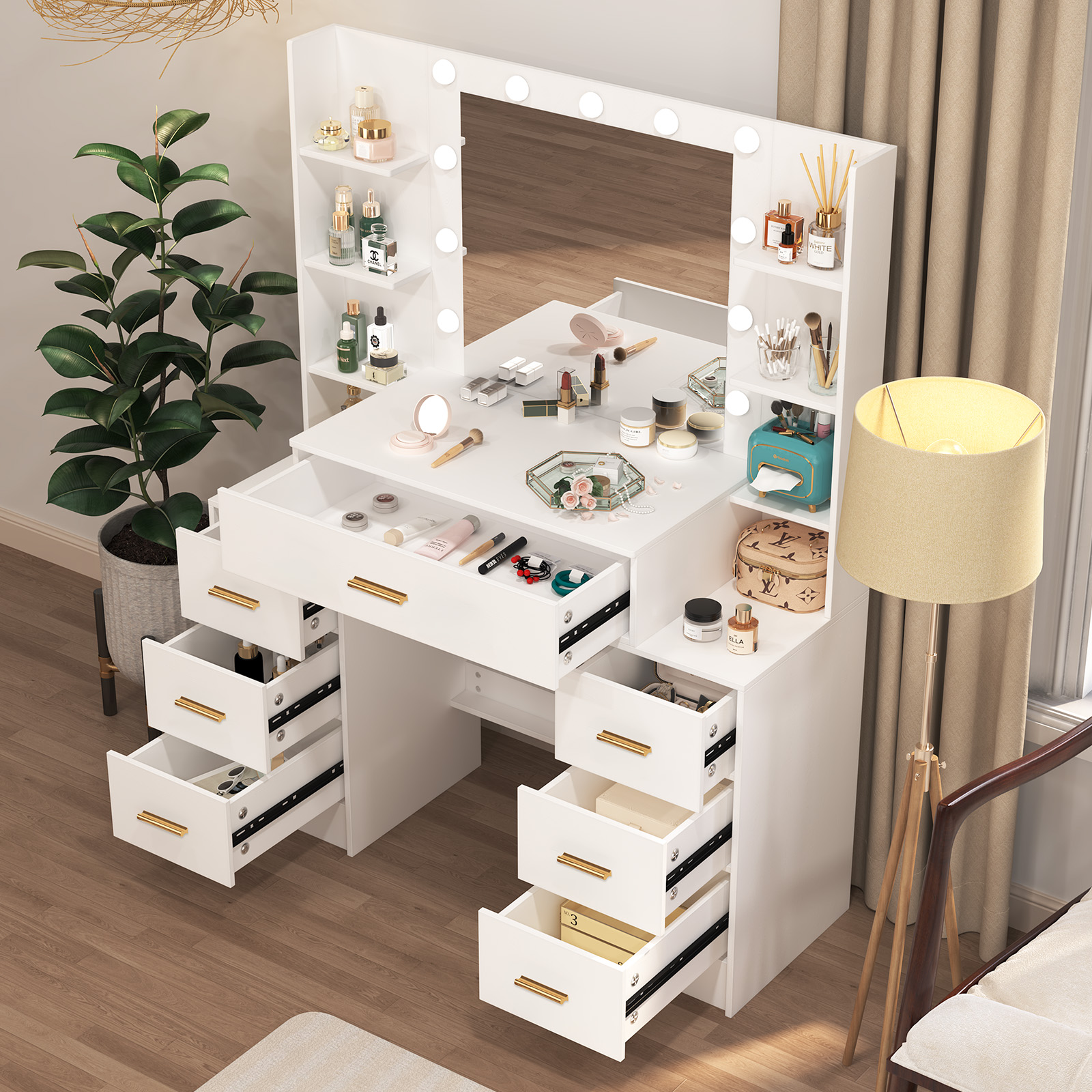 NEW White Modern Vanity Set wi - Drawer Pull Gold 评论和价格